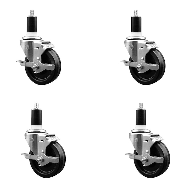 4'' SS Phenolic Swivel 1-3/8'' Expanding Stem Caster Set with Brake, 4PK